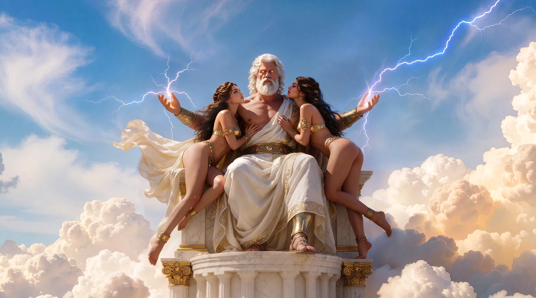 Zeus on an Olympian throne amid clouds and lightning